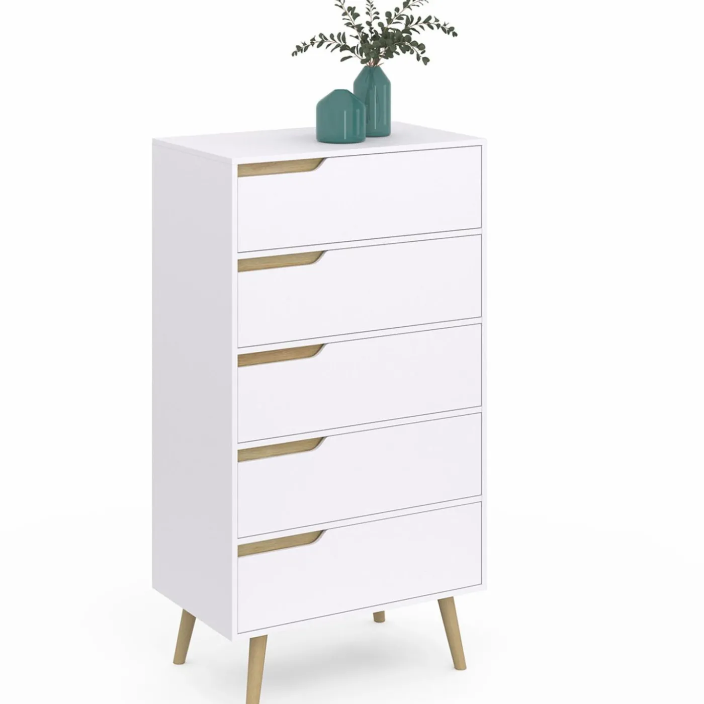 Chiffonnier 5 tiroirs bois et blanc style scandinave