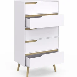 Chiffonnier 5 tiroirs bois et blanc style scandinave