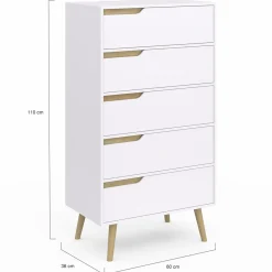 Chiffonnier 5 tiroirs bois et blanc style scandinave