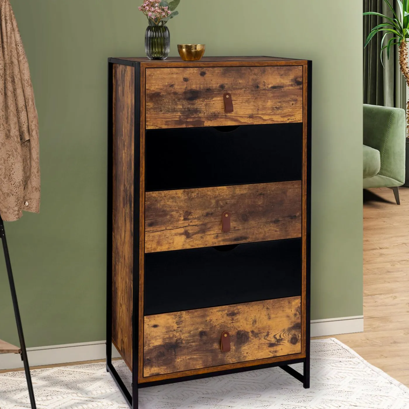 Chiffonnier bois et métal avec 5 tiroirs