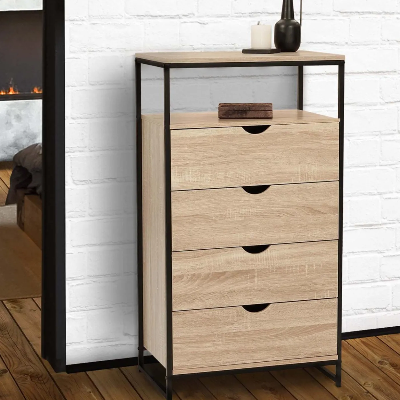 Chiffonnier industriel bois et métal avec 4 tiroirs