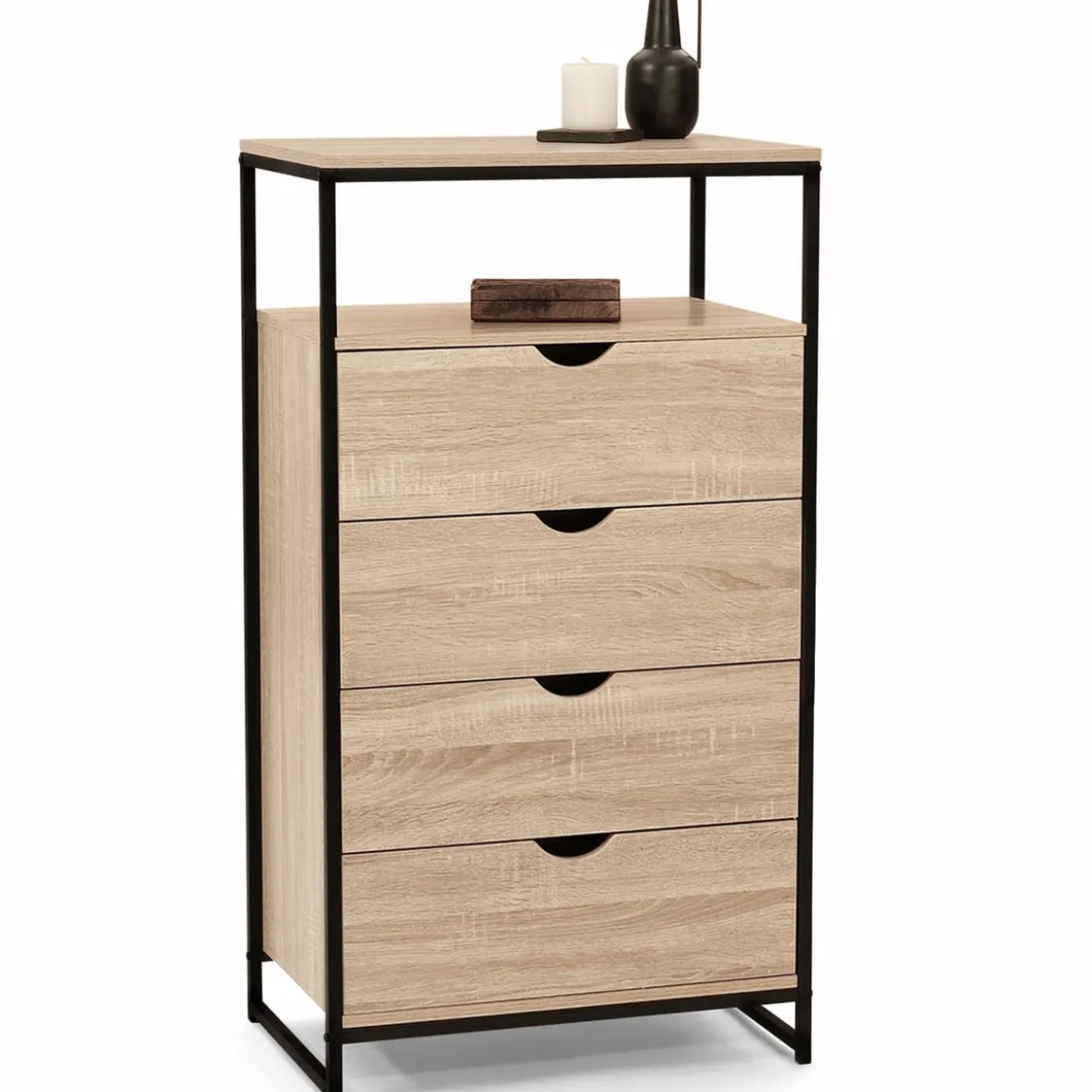 Chiffonnier industriel bois et métal avec 4 tiroirs