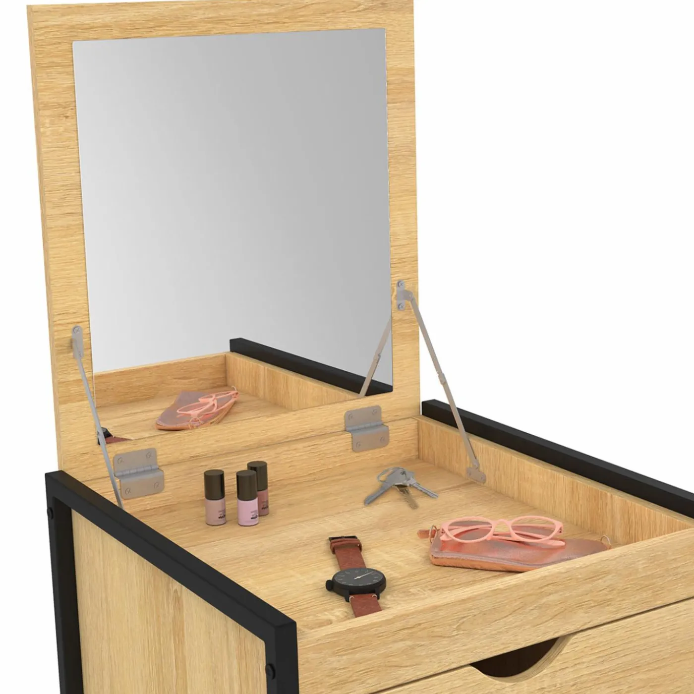 Chiffonnier industriel 40cm 5 tiroirs meuble d'entrée avec miroir