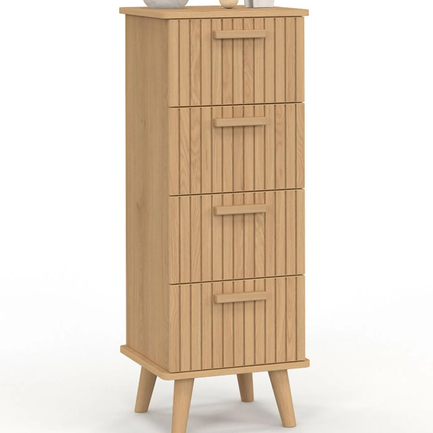 Chiffonnier lattes tasseau bois coloris chêne - meuble d'appoint 4 tiroirs 30 cm