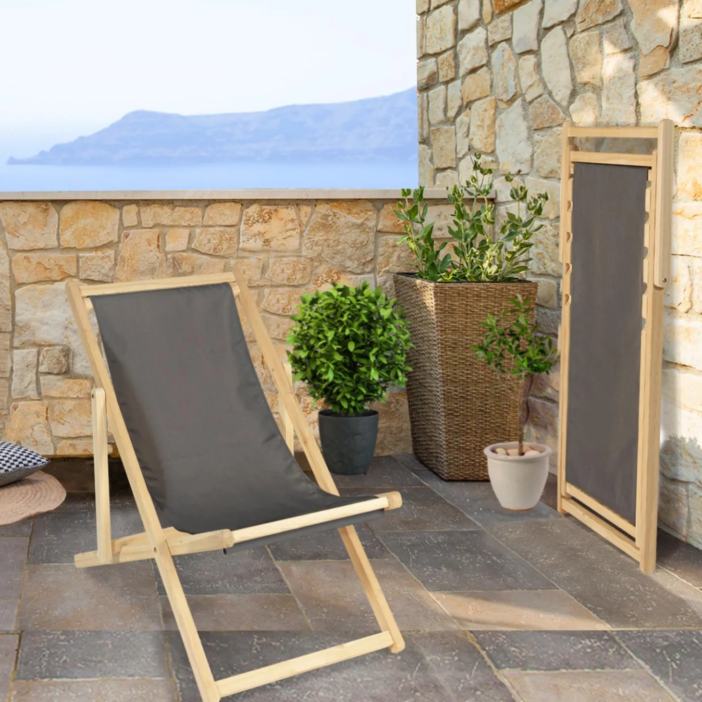 Chiliennes en bois et toile grise