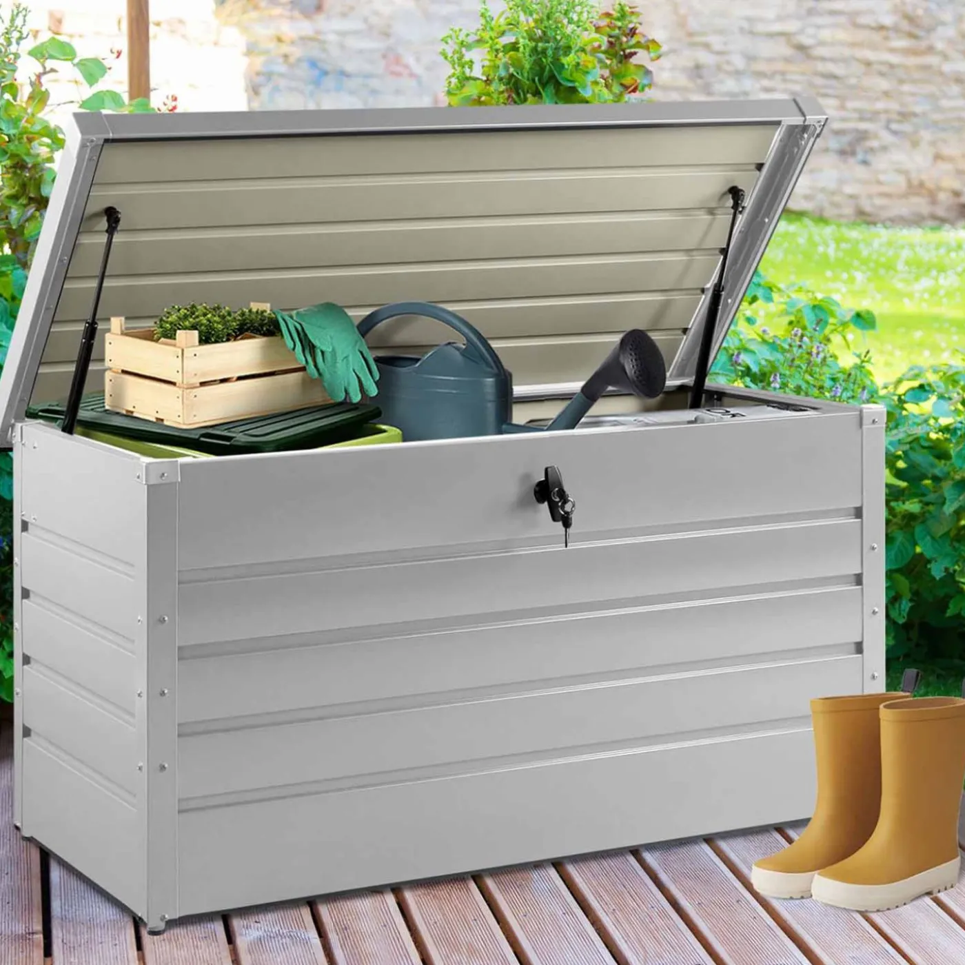 Coffre de rangement extérieur étanche en métal gris clair 350L