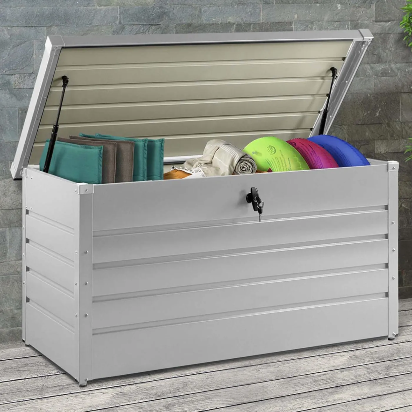 Coffre de rangement extérieur étanche en métal gris clair 350L
