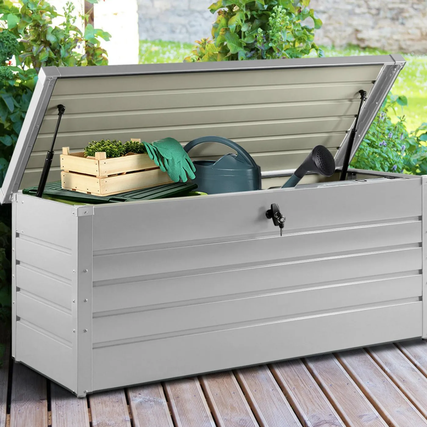 Coffre de rangement extérieur étanche en métal gris clair 600 L