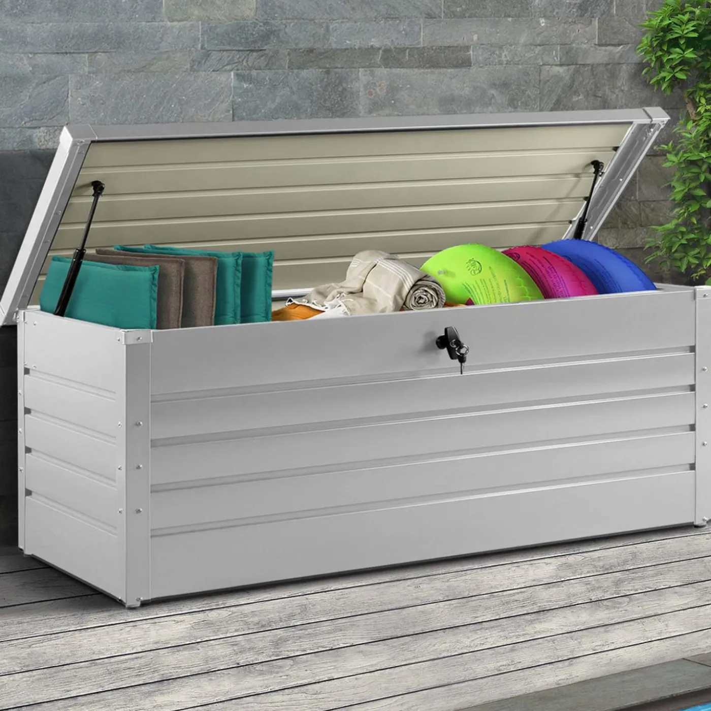 Coffre de rangement extérieur étanche en métal gris clair 600 L