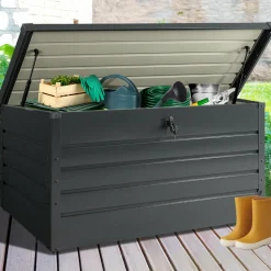 Coffre de rangement métal 810L verrouillable gris anthracite pour jardin 147x86x82 cm