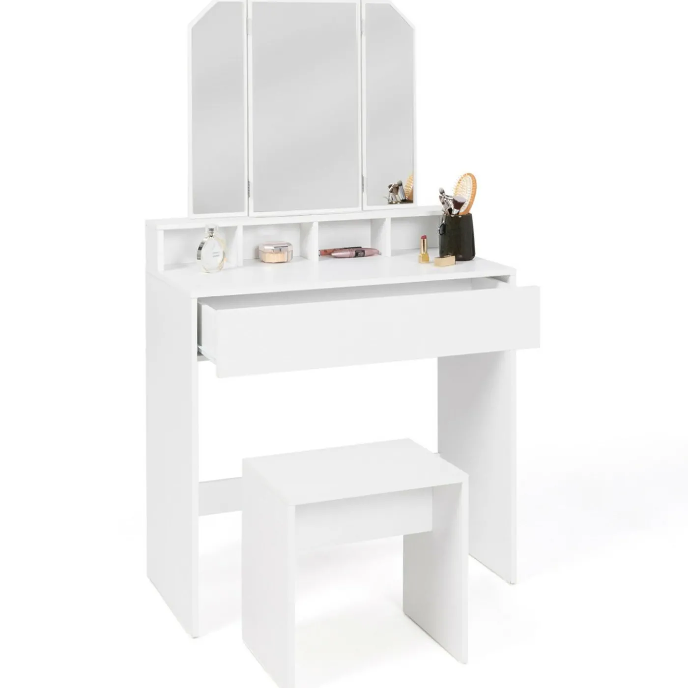 Coiffeuse 3 miroirs blanche avec 4 niches, 1 tiroir et tabouret