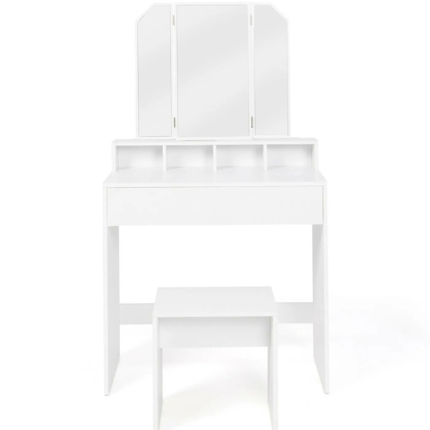 Coiffeuse 3 miroirs blanche avec 4 niches, 1 tiroir et tabouret