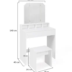 Coiffeuse 3 miroirs blanche avec 4 niches, 1 tiroir et tabouret