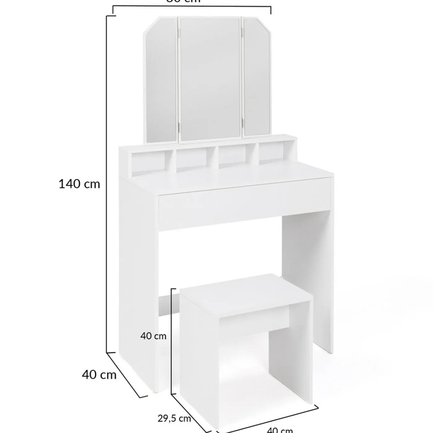 Coiffeuse 3 miroirs blanche avec 4 niches, 1 tiroir et tabouret