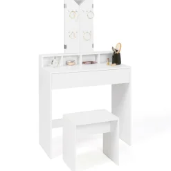 Coiffeuse 3 miroirs blanche avec 4 niches, 1 tiroir et tabouret