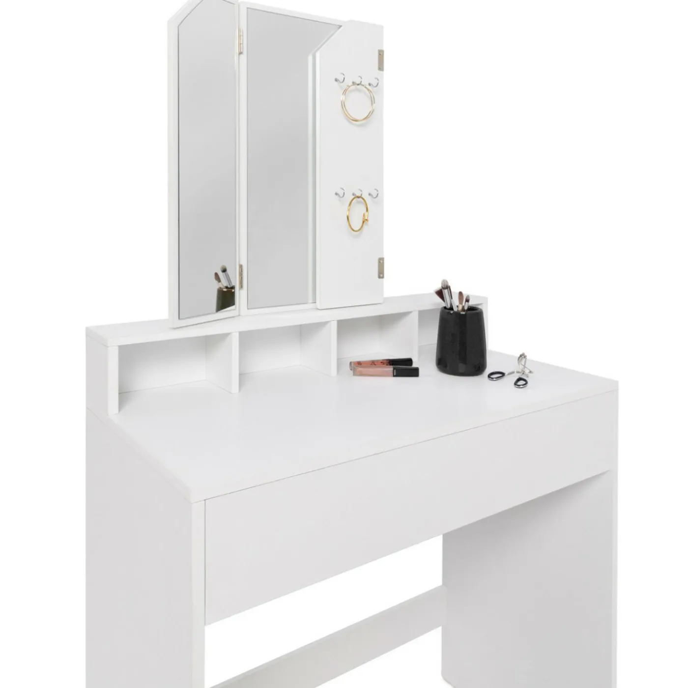 Coiffeuse 3 miroirs blanche avec 4 niches, 1 tiroir et tabouret
