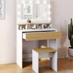 Coiffeuse avec miroir LED blanc et hêtre
