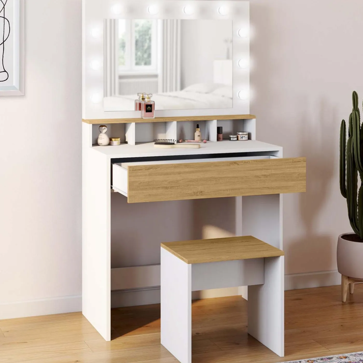 Coiffeuse avec miroir LED blanc et hêtre