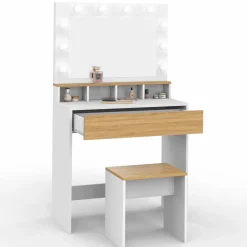 Coiffeuse avec miroir LED blanc et hêtre
