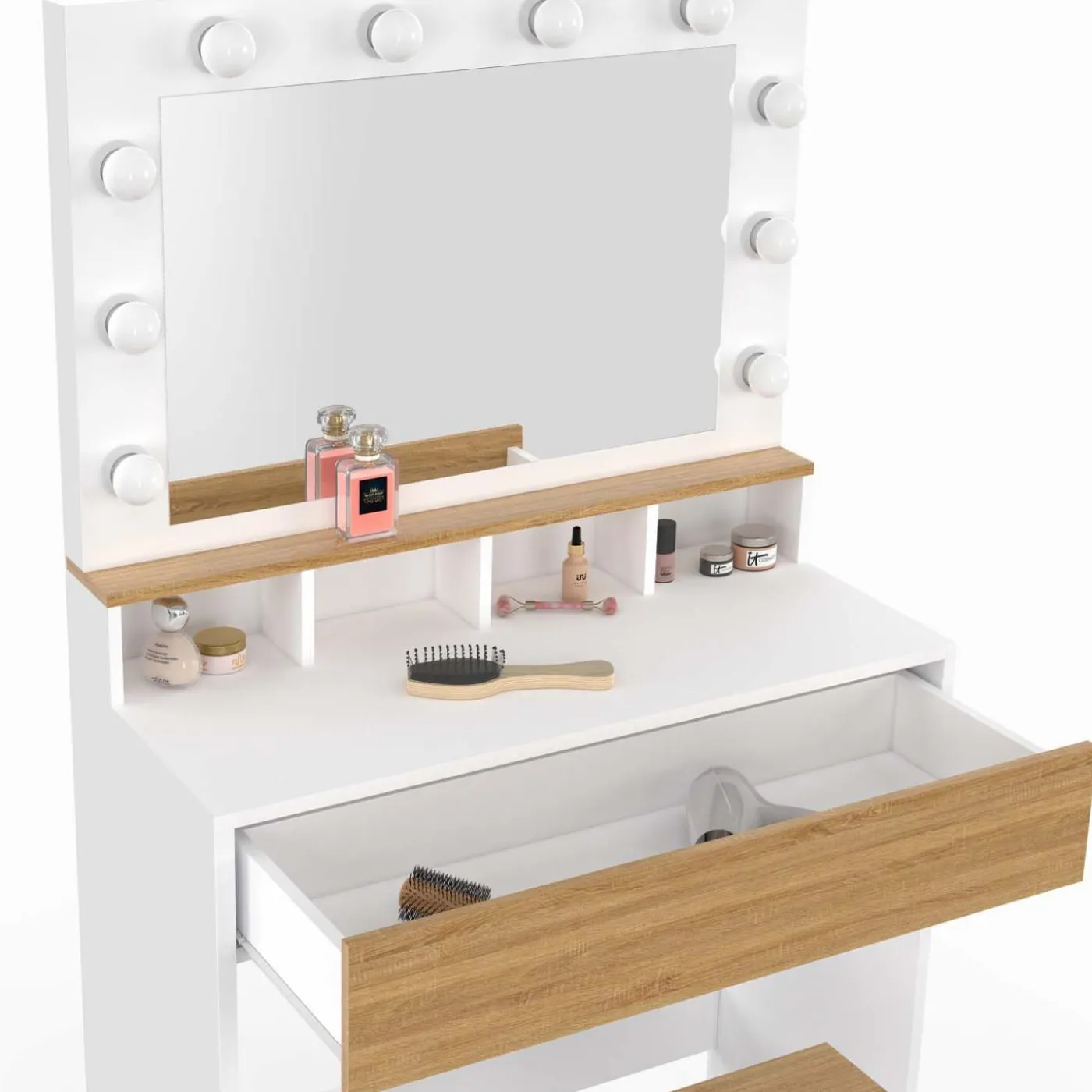 Coiffeuse avec miroir LED blanc et hêtre