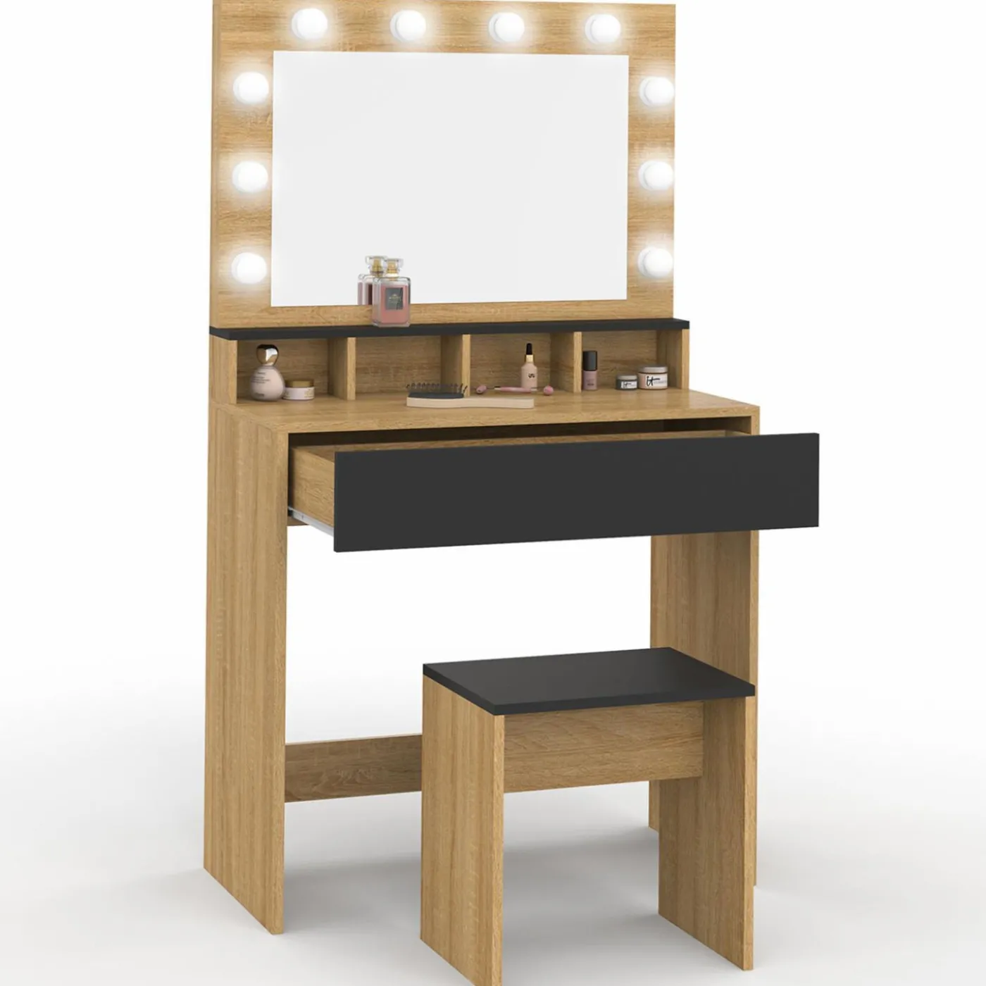 Coiffeuse avec miroir LED noir et hêtre