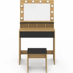 Coiffeuse avec miroir LED noir et hêtre