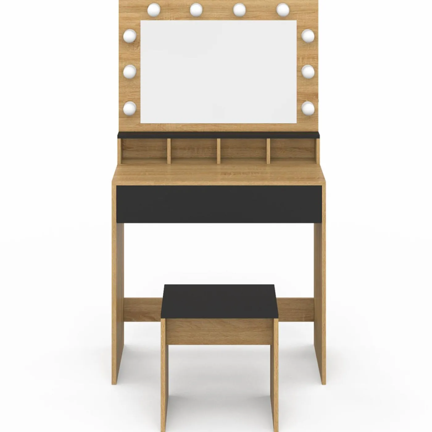 Coiffeuse avec miroir LED noir et hêtre