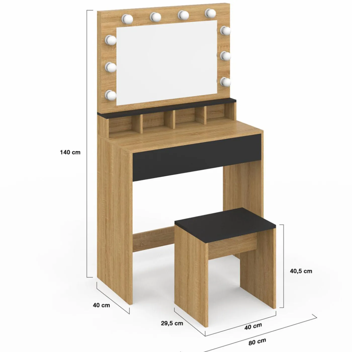 Coiffeuse avec miroir LED noir et hêtre