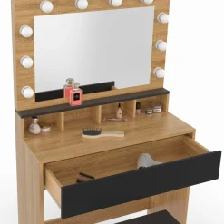 Coiffeuse avec miroir LED noir et hêtre