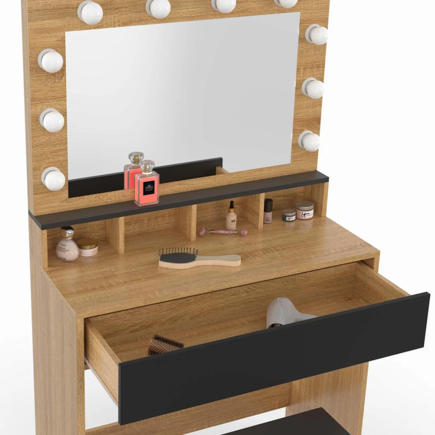 Coiffeuse avec miroir LED noir et hêtre