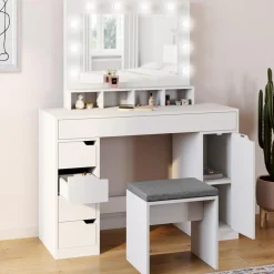 Coiffeuse avec miroir LED blanche, niches, tiroirs, rangements et tabouret