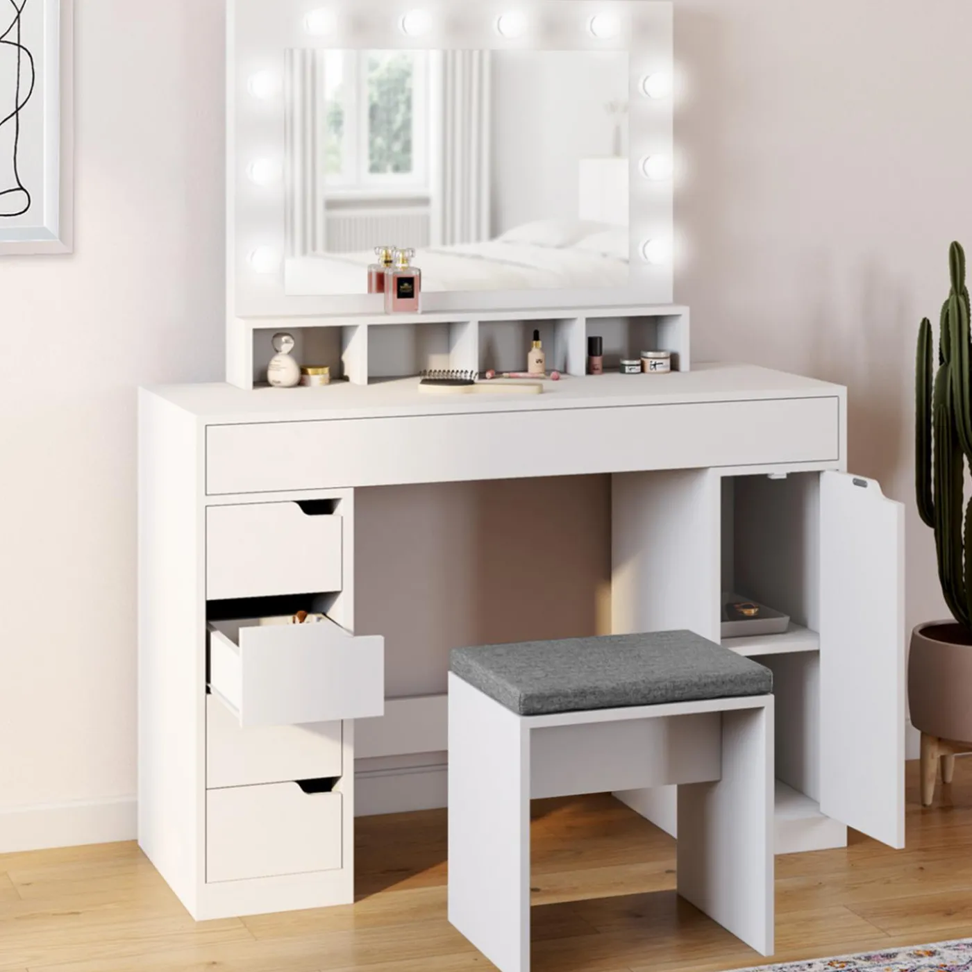 Coiffeuse avec miroir LED blanche, niches, tiroirs, rangements et tabouret