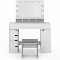Coiffeuse avec miroir LED blanche, niches, tiroirs, rangements et tabouret