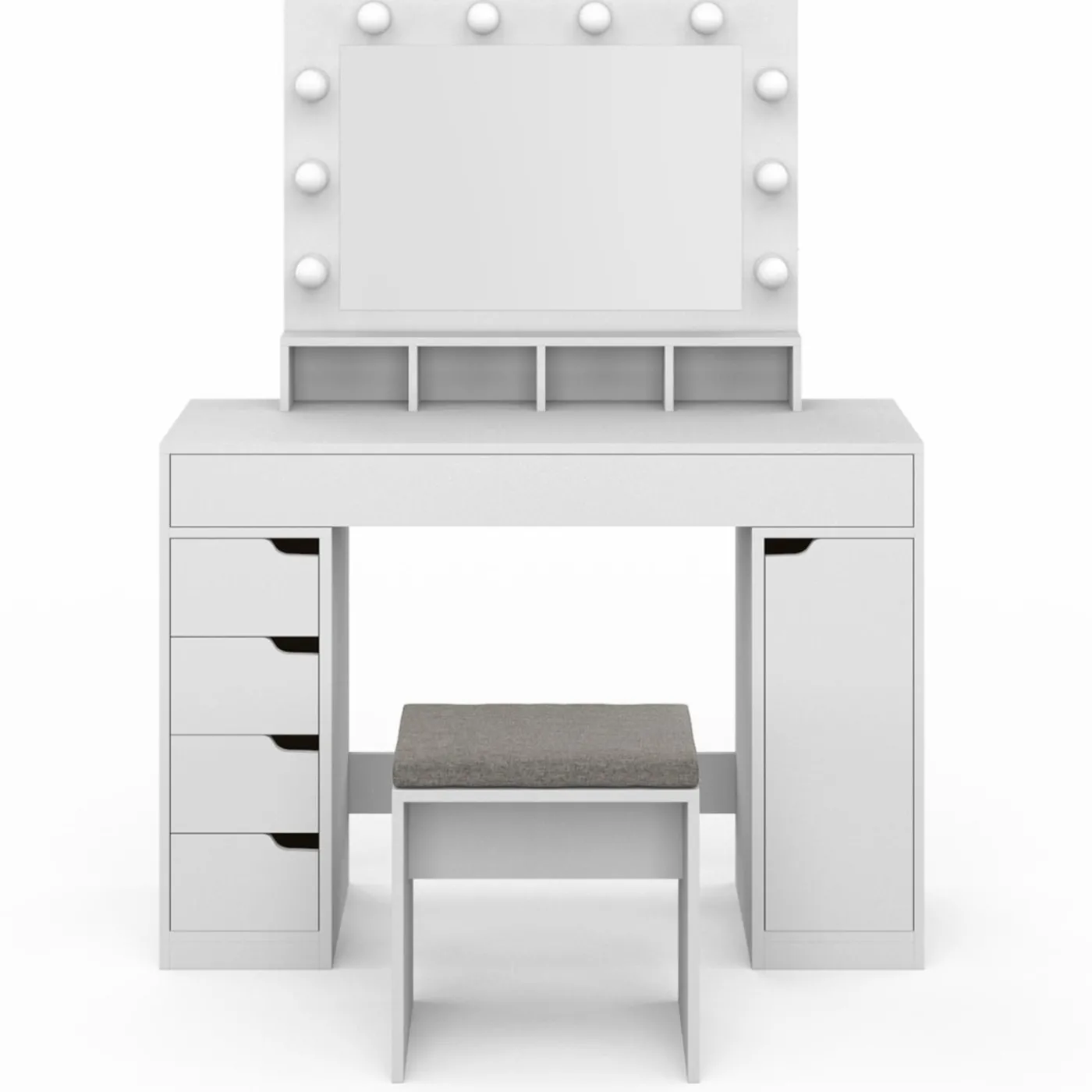 Coiffeuse avec miroir LED blanche, niches, tiroirs, rangements et tabouret
