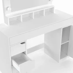 Coiffeuse avec miroir LED blanche, niches, tiroirs, rangements et tabouret