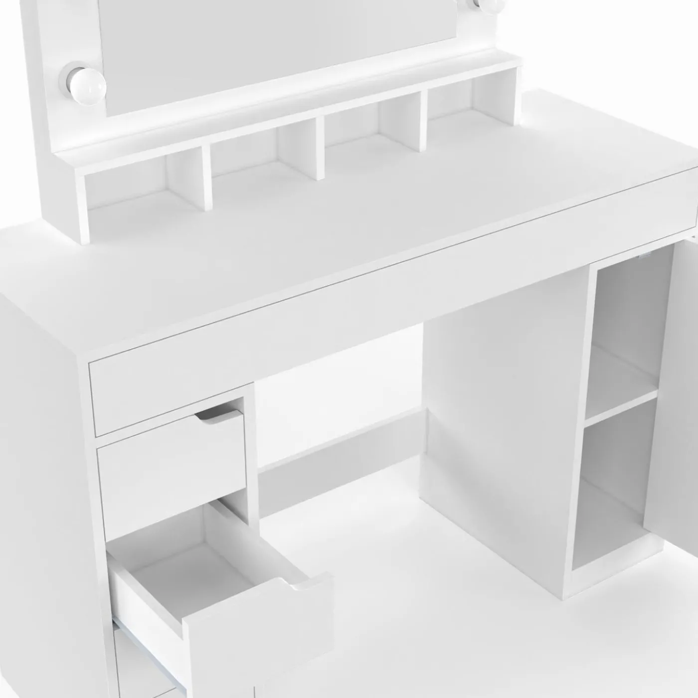 Coiffeuse avec miroir LED blanche, niches, tiroirs, rangements et tabouret