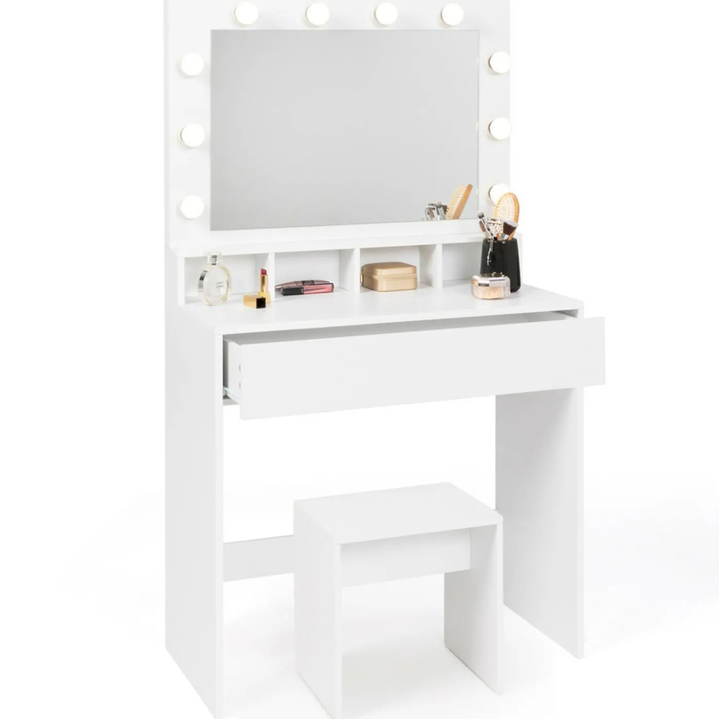 Coiffeuse avec miroir LED et tabouret, 4 niches, 1 tiroir