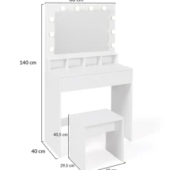 Coiffeuse avec miroir LED et tabouret, 4 niches, 1 tiroir
