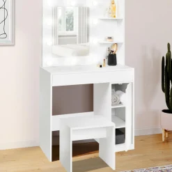 Coiffeuse blanche avec miroir LED et tabouret 1 tiroir