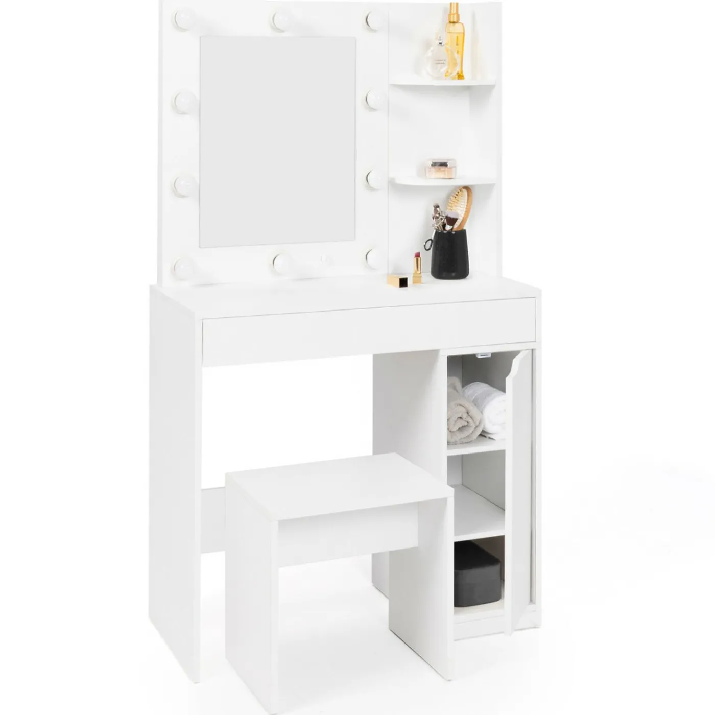 Coiffeuse blanche avec miroir LED et tabouret 1 tiroir