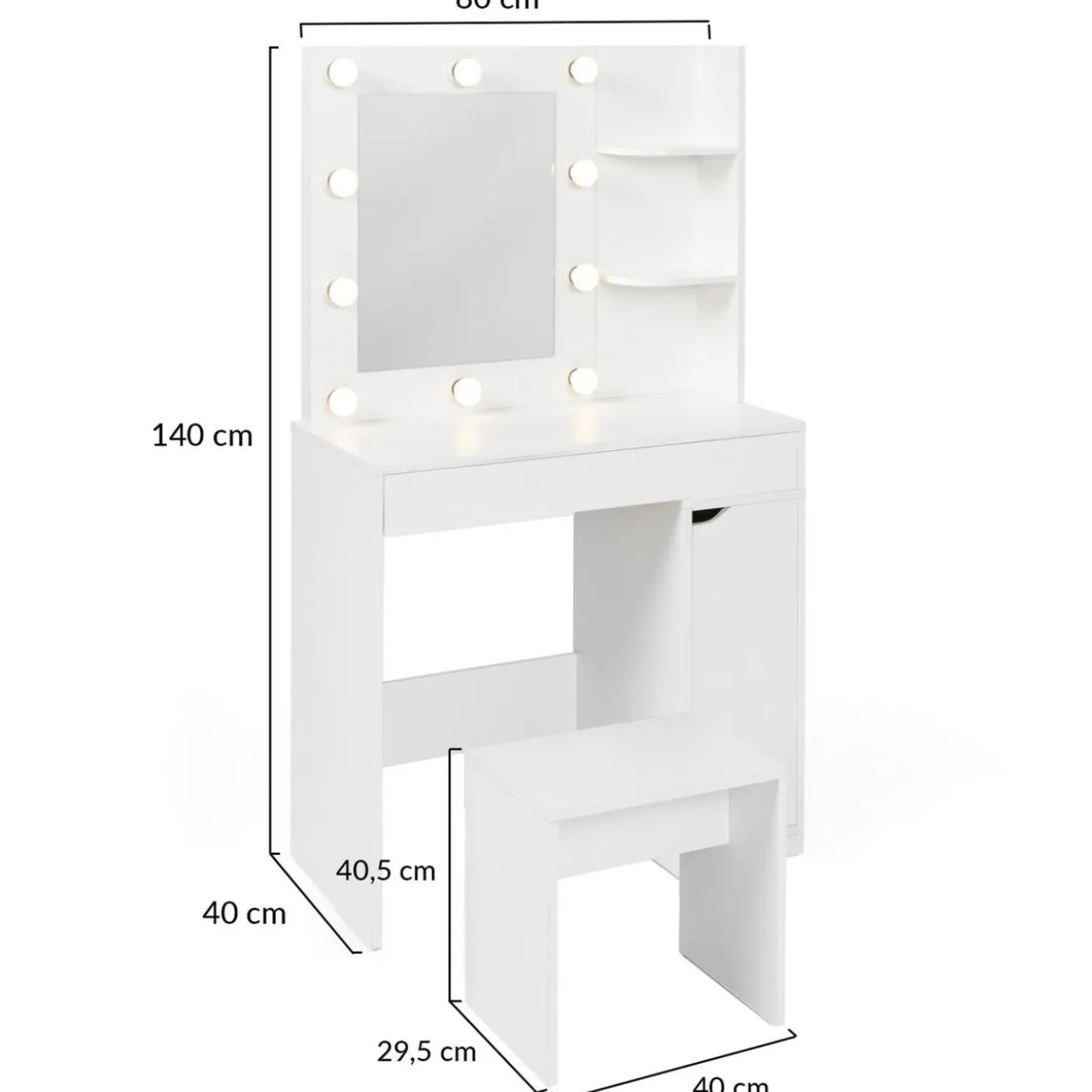 Coiffeuse blanche avec miroir LED et tabouret 1 tiroir