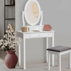 Coiffeuse blanche avec miroir et tabouret