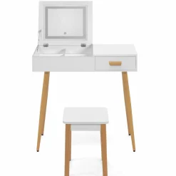 Coiffeuse blanche scandinave avec miroir LED rabattable et tabouret