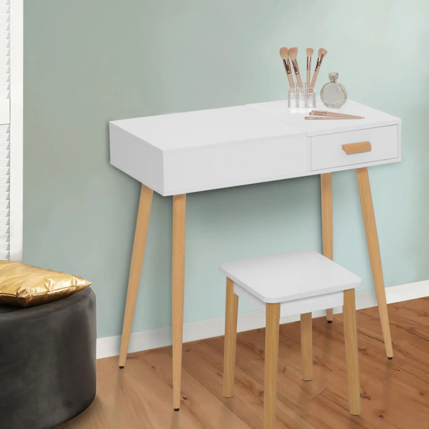 Coiffeuse blanche scandinave avec miroir LED rabattable et tabouret