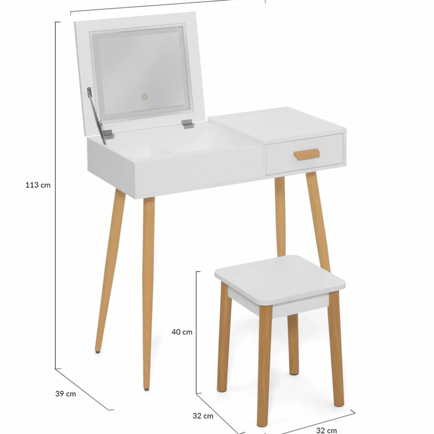 Coiffeuse blanche scandinave avec miroir LED rabattable et tabouret
