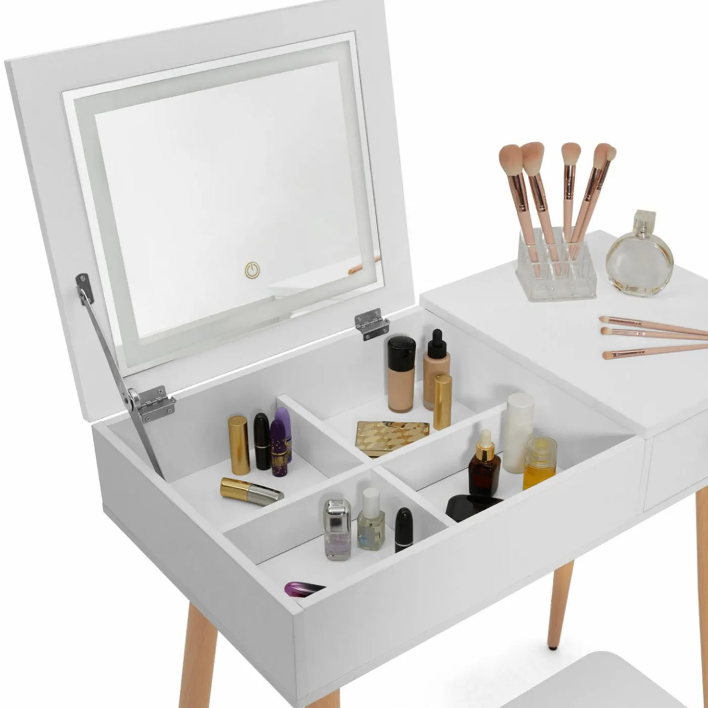 Coiffeuse blanche scandinave avec miroir LED rabattable et tabouret