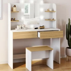Coiffeuse bois et blanc avec miroir LED et tabouret