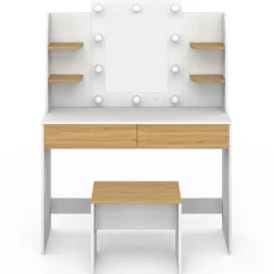 Coiffeuse bois et blanc avec miroir LED et tabouret
