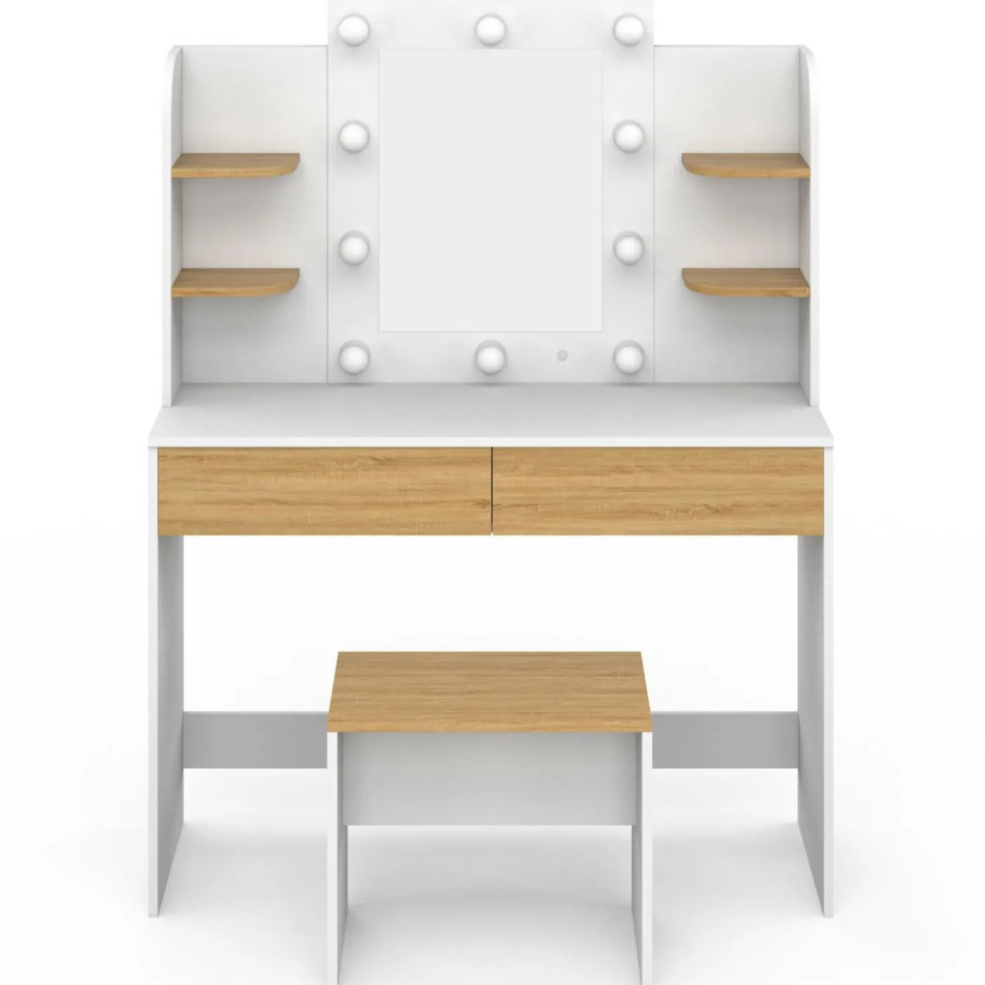 Coiffeuse bois et blanc avec miroir LED et tabouret