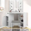 Coiffeuse d'angle blanche avec 3 miroirs LED, étagères, tiroir, rangements et tabouret